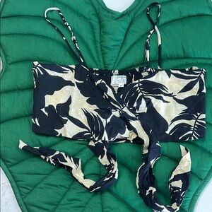 XIX Palms X Keani Hawaii collab blk/cream floral print tie front crop bralette.